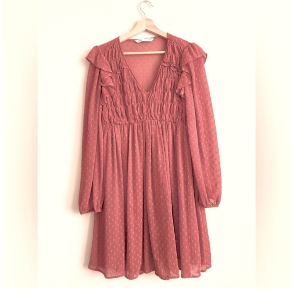 Zara Ruched Ruffle Longsleeve Dress - Picture 1 of 6